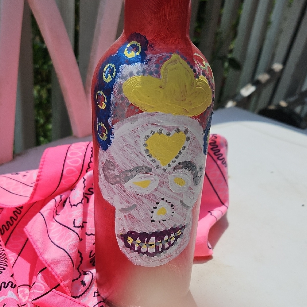 Hand-Painted Red Skull Art Bottle